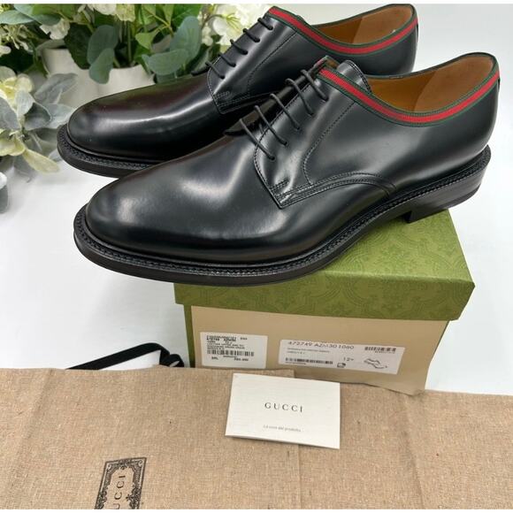 Men\'s Gucci Black Leather Derby Shoes with Green-Red Web Trim size 12.5 main image 10
